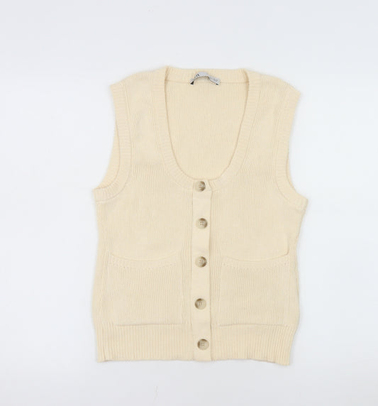 ZARA Women Beige Sleeveless Cardigan Knit Button S