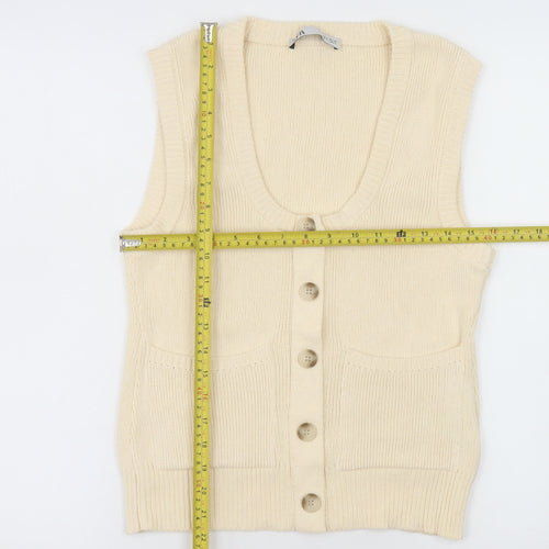 ZARA Women Beige Sleeveless Cardigan Knit Button S