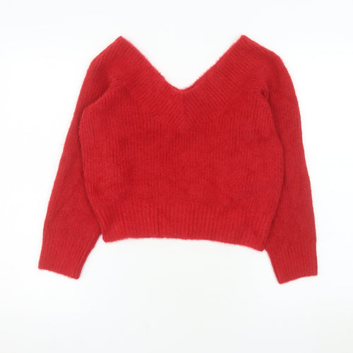 H&M Divided Women Red V-Neck Long Sleeve Pullover Jumper Size L