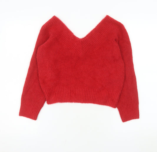 H&M Divided Women Red V-Neck Long Sleeve Pullover Jumper Size L