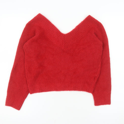 H&M Divided Women Red V-Neck Long Sleeve Pullover Jumper Size L