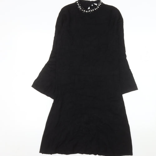 Warehouse Women Black Beaded High Neck Shift Dress Size 10