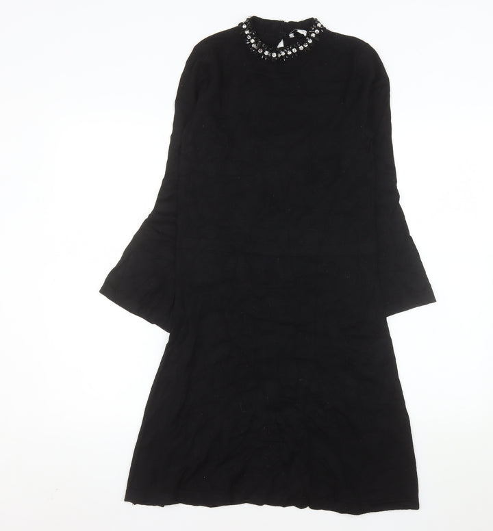 Warehouse Women Black Beaded High Neck Shift Dress Size 10