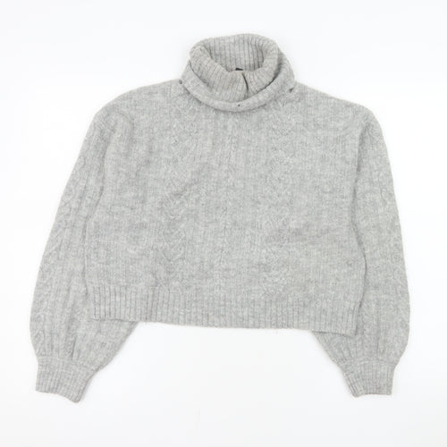 H&M Women’s Grey Roll Neck Cable-Knit Jumper Size S