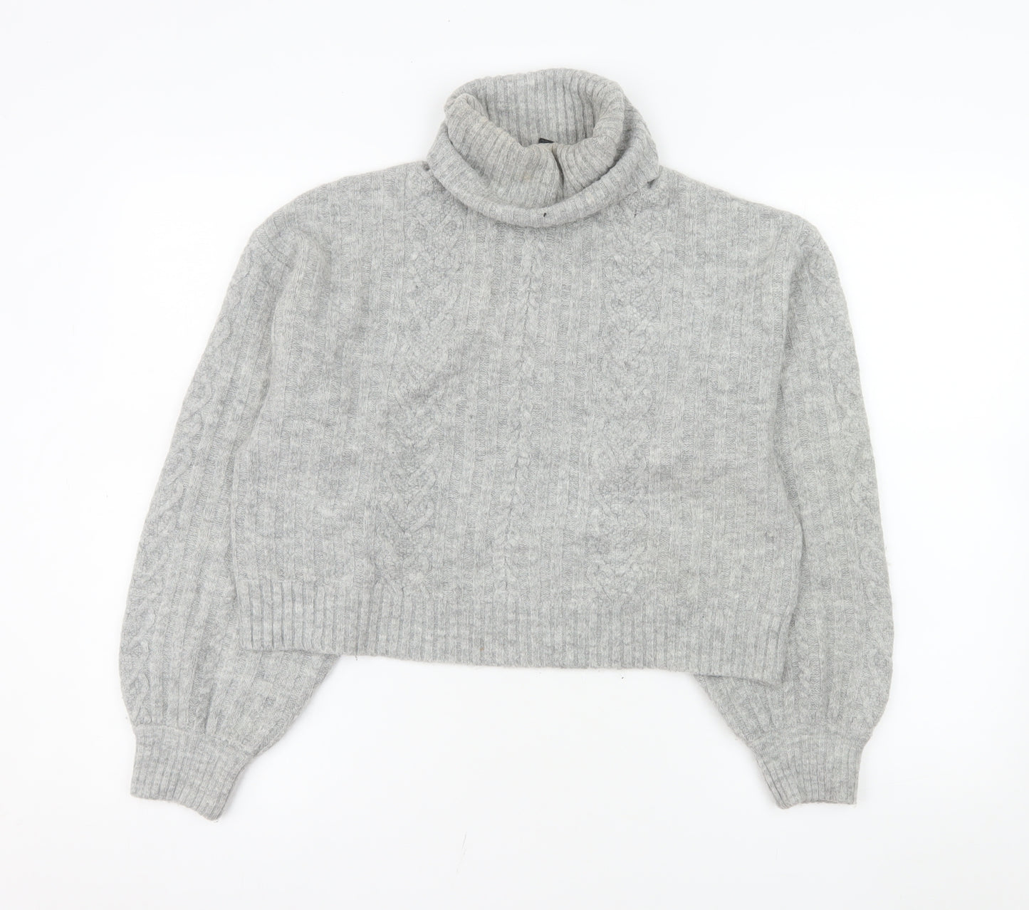 H&M Women’s Grey Roll Neck Cable-Knit Jumper Size S