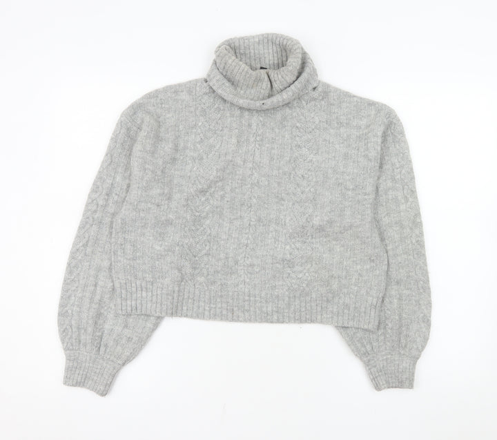 H&M Women’s Grey Roll Neck Cable-Knit Jumper Size S