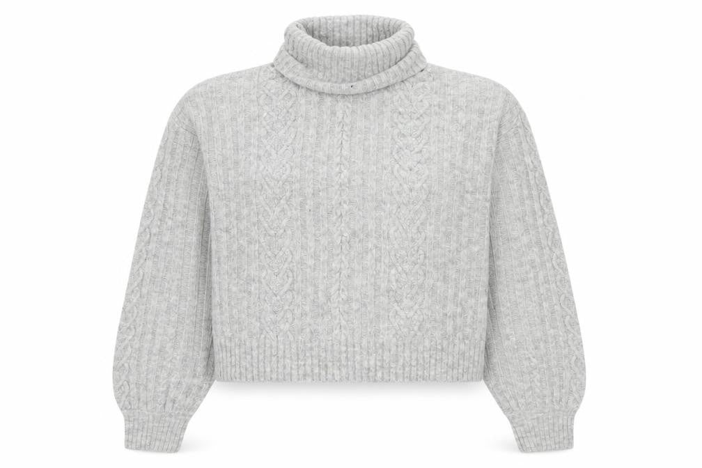 Front view of H&M Women’s Grey Roll Neck Cable-Knit Jumper, size S