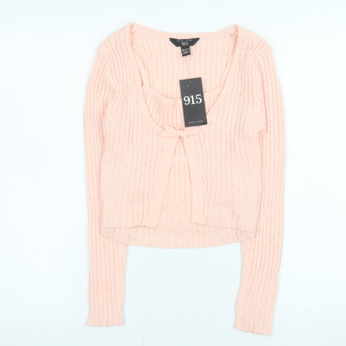 New Look 915 Girls Pink Cropped Ribbed Knit Bow Top Age 10-11 Long Sleeve