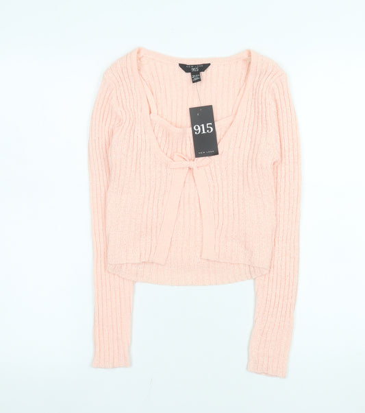 New Look 915 Girls Pink Cropped Ribbed Knit Bow Top Age 10-11 Long Sleeve