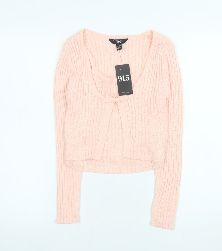 New Look 915 Girls Pink Cropped Ribbed Knit Bow Top Age 10-11 Long Sleeve
