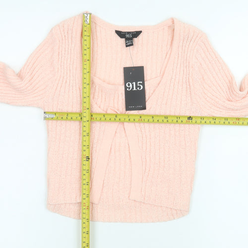 New Look 915 Girls Pink Cropped Ribbed Knit Bow Top Age 10-11 Long Sleeve