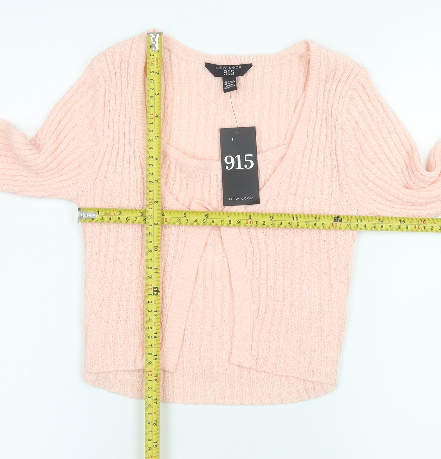 New Look 915 Girls Pink Cropped Ribbed Knit Bow Top Age 10-11 Long Sleeve
