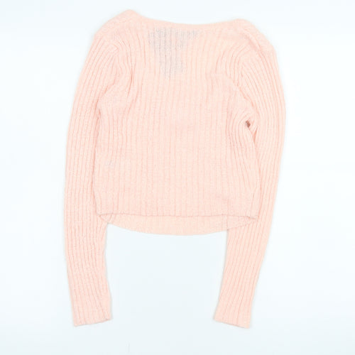 New Look 915 Girls Pink Cropped Ribbed Knit Bow Top Age 10-11 Long Sleeve