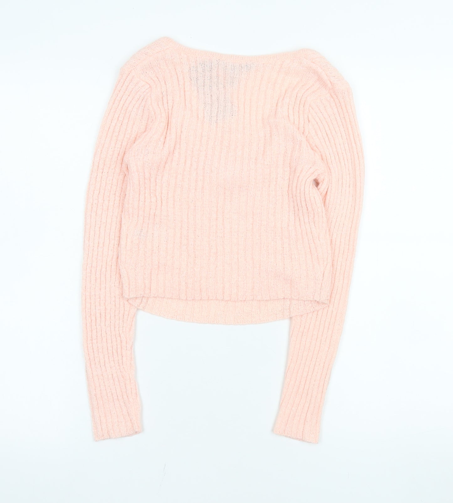 New Look 915 Girls Pink Cropped Ribbed Knit Bow Top Age 10-11 Long Sleeve