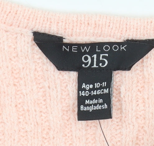 New Look 915 Girls Pink Cropped Ribbed Knit Bow Top Age 10-11 Long Sleeve