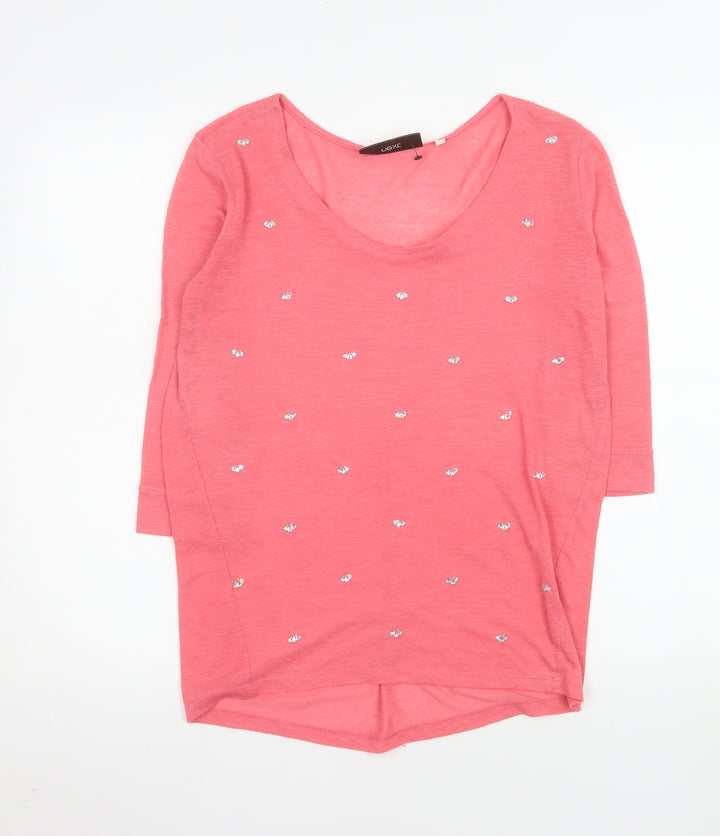 Next Women Pink Beaded 3/4 Sleeve Cotton T-Shirt Size 8