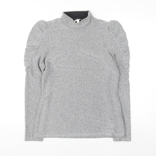 Feather & Bone London Women’s Silver Metallic Roll Neck Puff Sleeve Top L