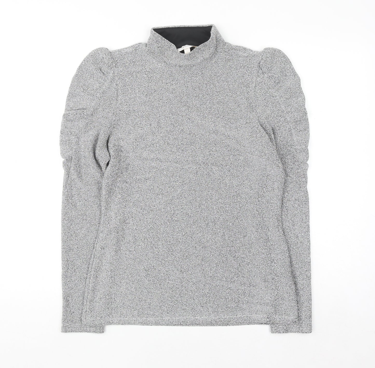 Feather & Bone London Women’s Silver Metallic Roll Neck Puff Sleeve Top L