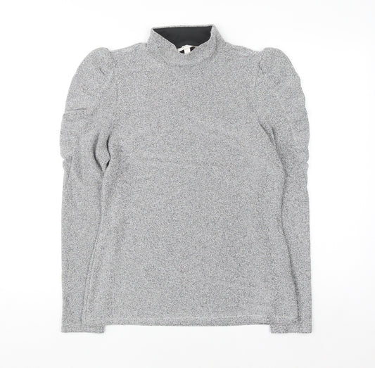 Feather & Bone London Women’s Silver Metallic Roll Neck Puff Sleeve Top L