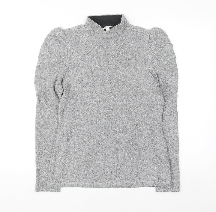 Feather & Bone London Women’s Silver Metallic Roll Neck Puff Sleeve Top L