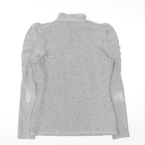Feather & Bone London Women’s Silver Metallic Roll Neck Puff Sleeve Top L