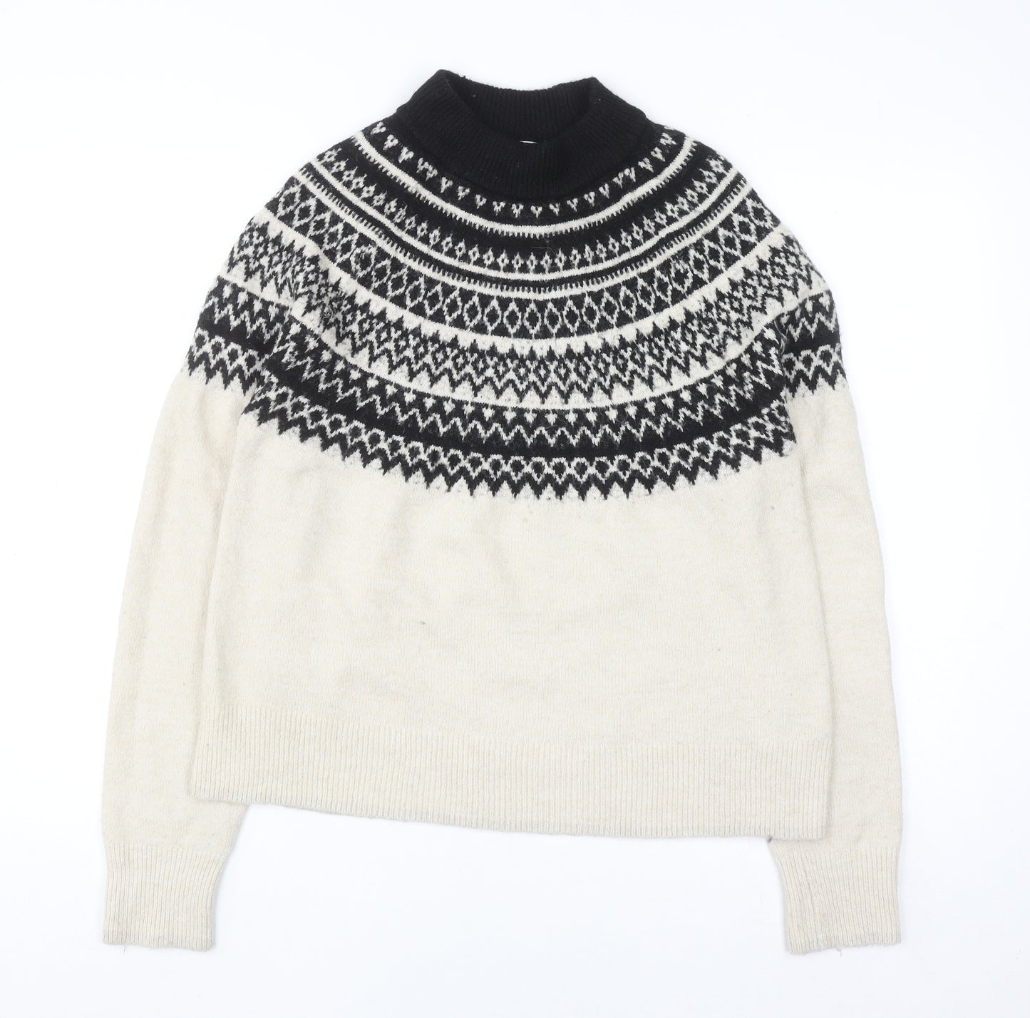 H&M Women Beige Fair Isle Roll Neck Jumper Size S