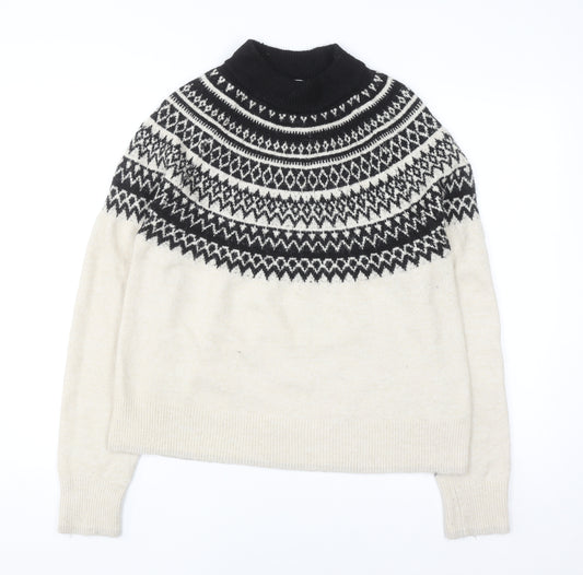 H&M Women Beige Fair Isle Roll Neck Jumper Size S