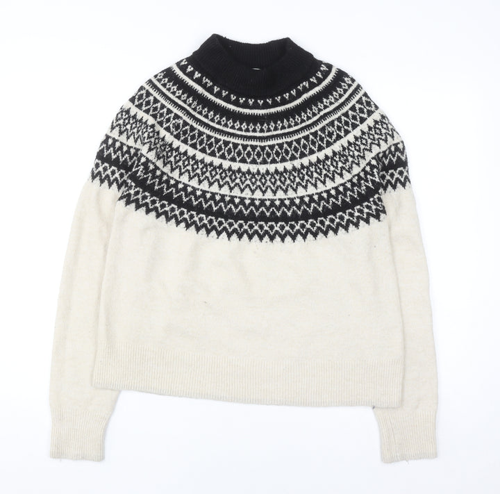 H&M Women Beige Fair Isle Roll Neck Jumper Size S
