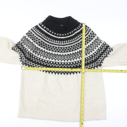 H&M Women Beige Fair Isle Roll Neck Jumper Size S