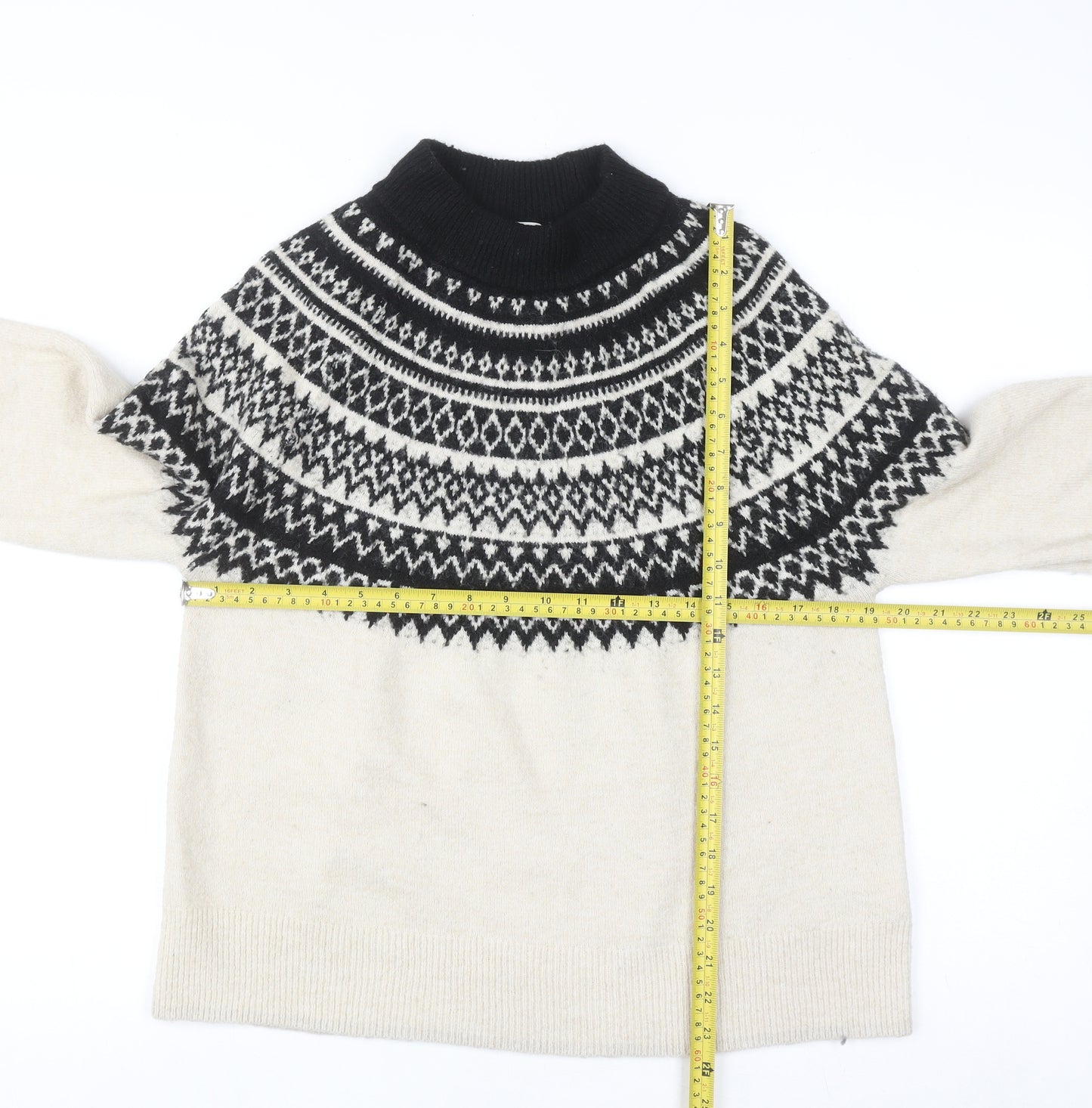 H&M Women Beige Fair Isle Roll Neck Jumper Size S