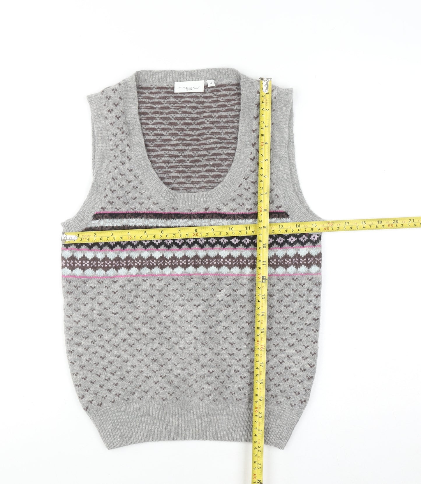 New Look Women Grey Fair Isle Knit Wool Angora Tank Size 12