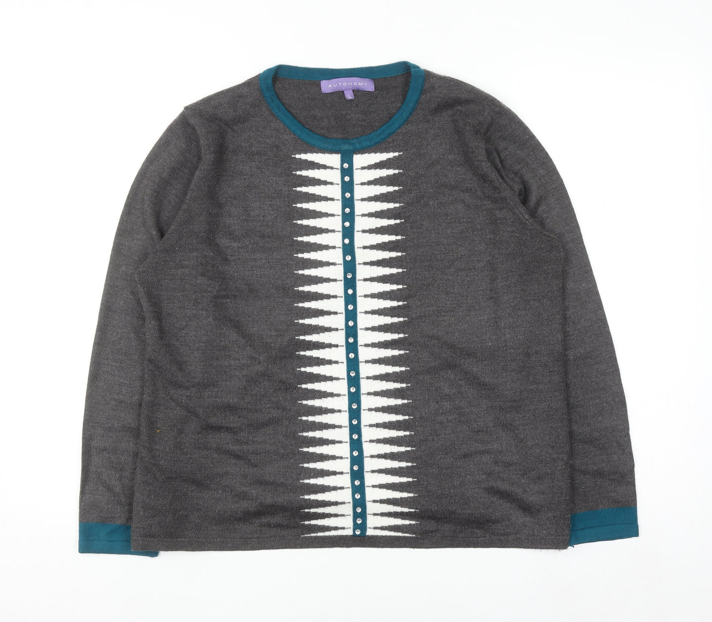 Autonomy Women's Grey Geometric Crew Neck Pullover Jumper Size L