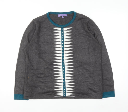 Autonomy Women's Grey Geometric Crew Neck Pullover Jumper Size L