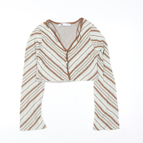 ZARA Women Brown Striped V-Neck Knit Cardigan Size S