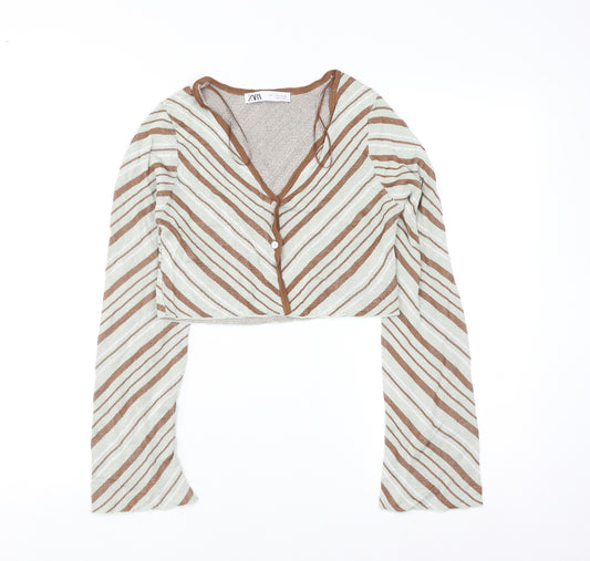 ZARA Women Brown Striped V-Neck Knit Cardigan Size S