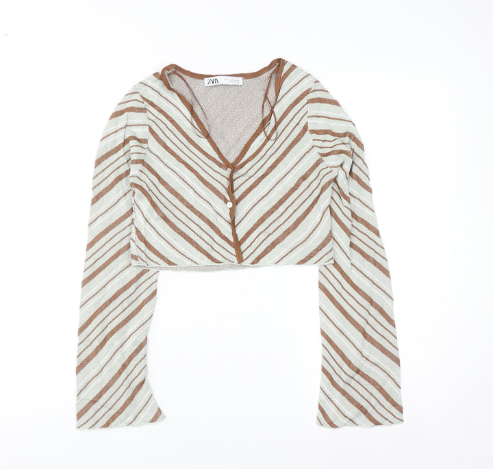 ZARA Women Brown Striped V-Neck Knit Cardigan Size S