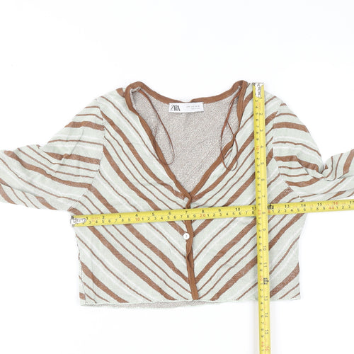 ZARA Women Brown Striped V-Neck Knit Cardigan Size S