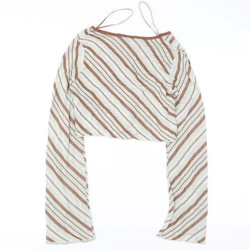ZARA Women Brown Striped V-Neck Knit Cardigan Size S