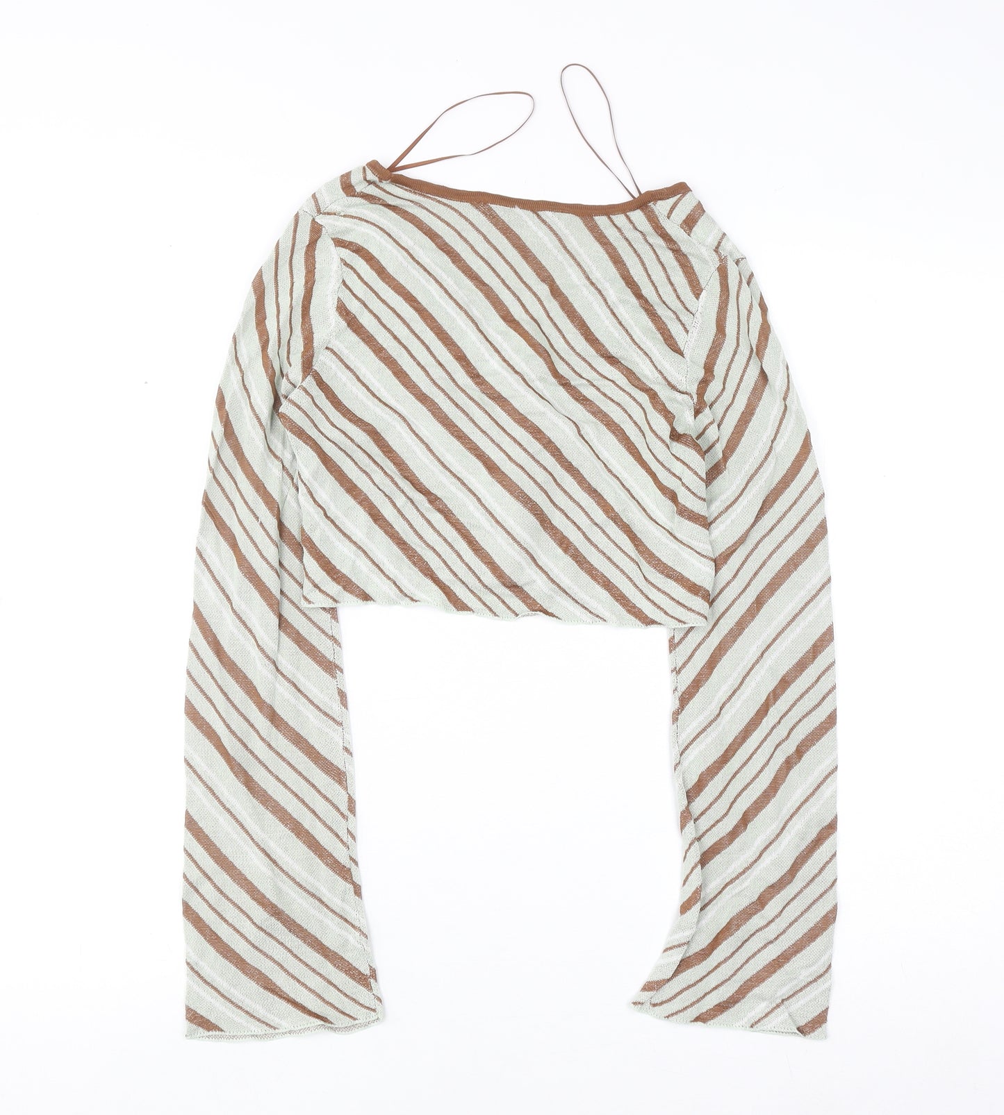 ZARA Women Brown Striped V-Neck Knit Cardigan Size S