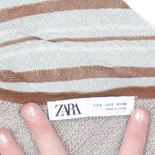 ZARA Women Brown Striped V-Neck Knit Cardigan Size S