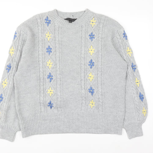 Dorothy Perkins Women's Grey Cable-Knit Jumper UK 18 Floral Embroidery