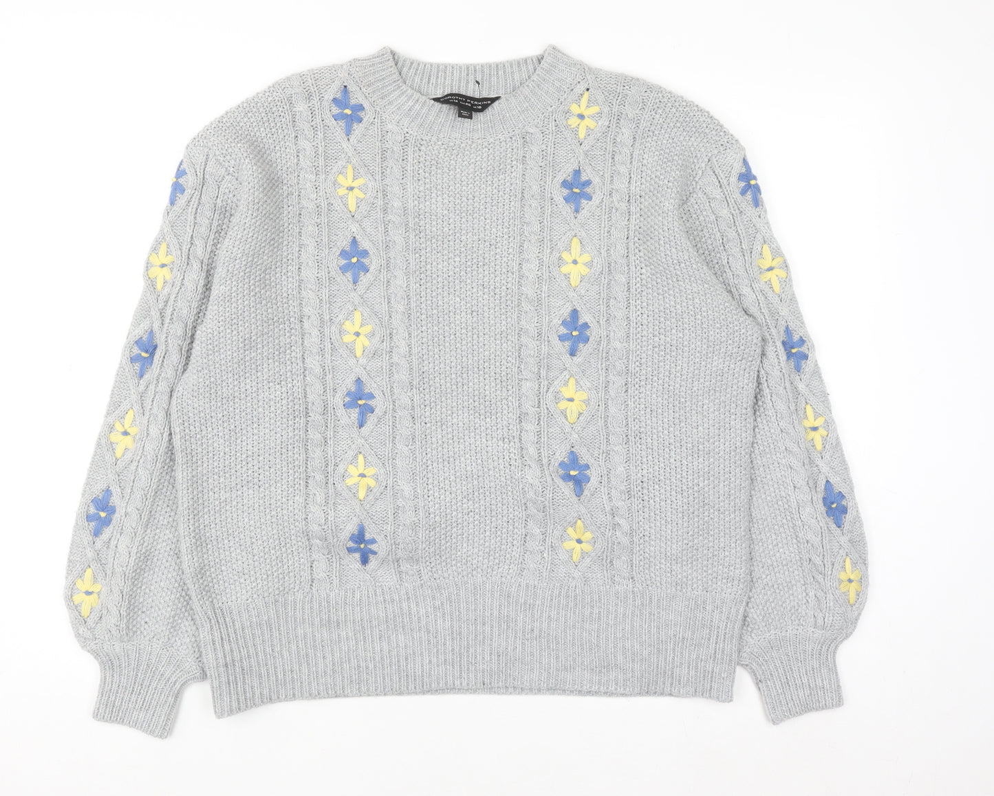 Dorothy Perkins Women's Grey Cable-Knit Jumper UK 18 Floral Embroidery