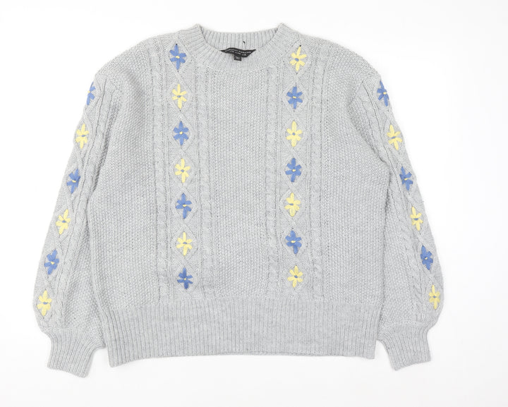 Dorothy Perkins Women's Grey Cable-Knit Jumper UK 18 Floral Embroidery