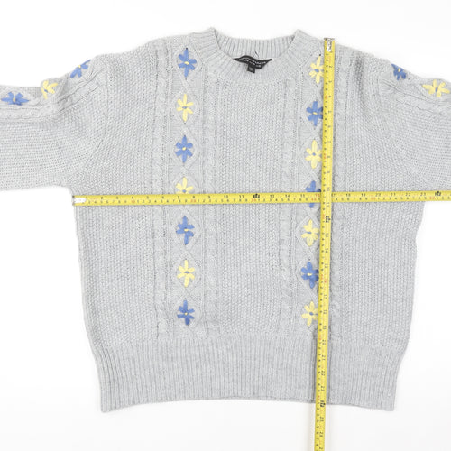 Dorothy Perkins Women's Grey Cable-Knit Jumper UK 18 Floral Embroidery