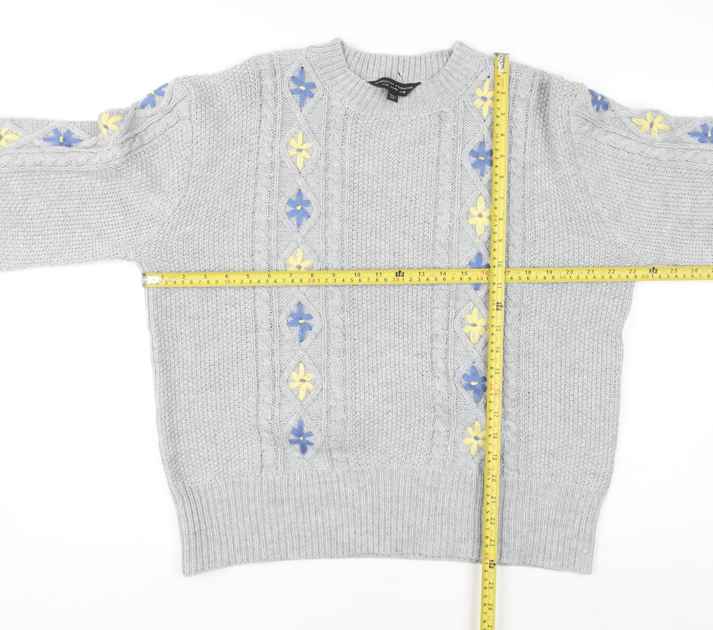 Dorothy Perkins Women's Grey Cable-Knit Jumper UK 18 Floral Embroidery