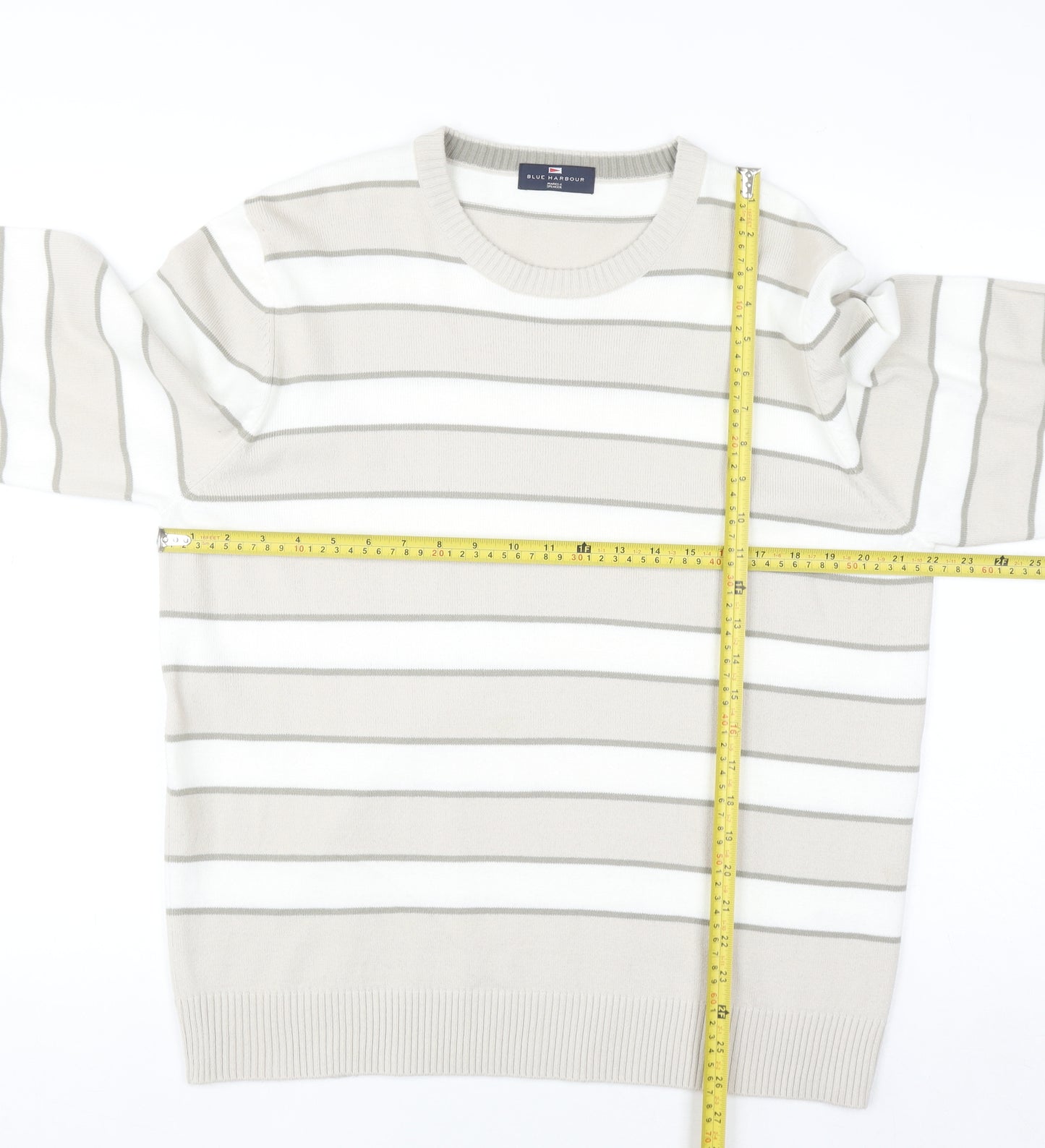 Marks and Spencer Men’s Beige Striped Crew Neck Acrylic Jumper Size L
