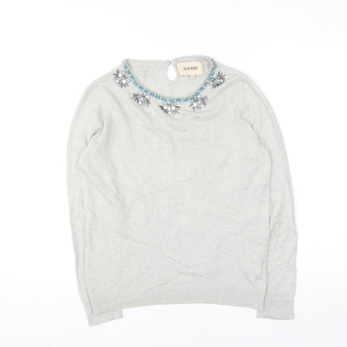 Havren Women's Grey Beaded Crew Neck Jumper Size 12