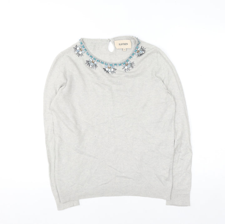 Havren Women's Grey Beaded Crew Neck Jumper Size 12