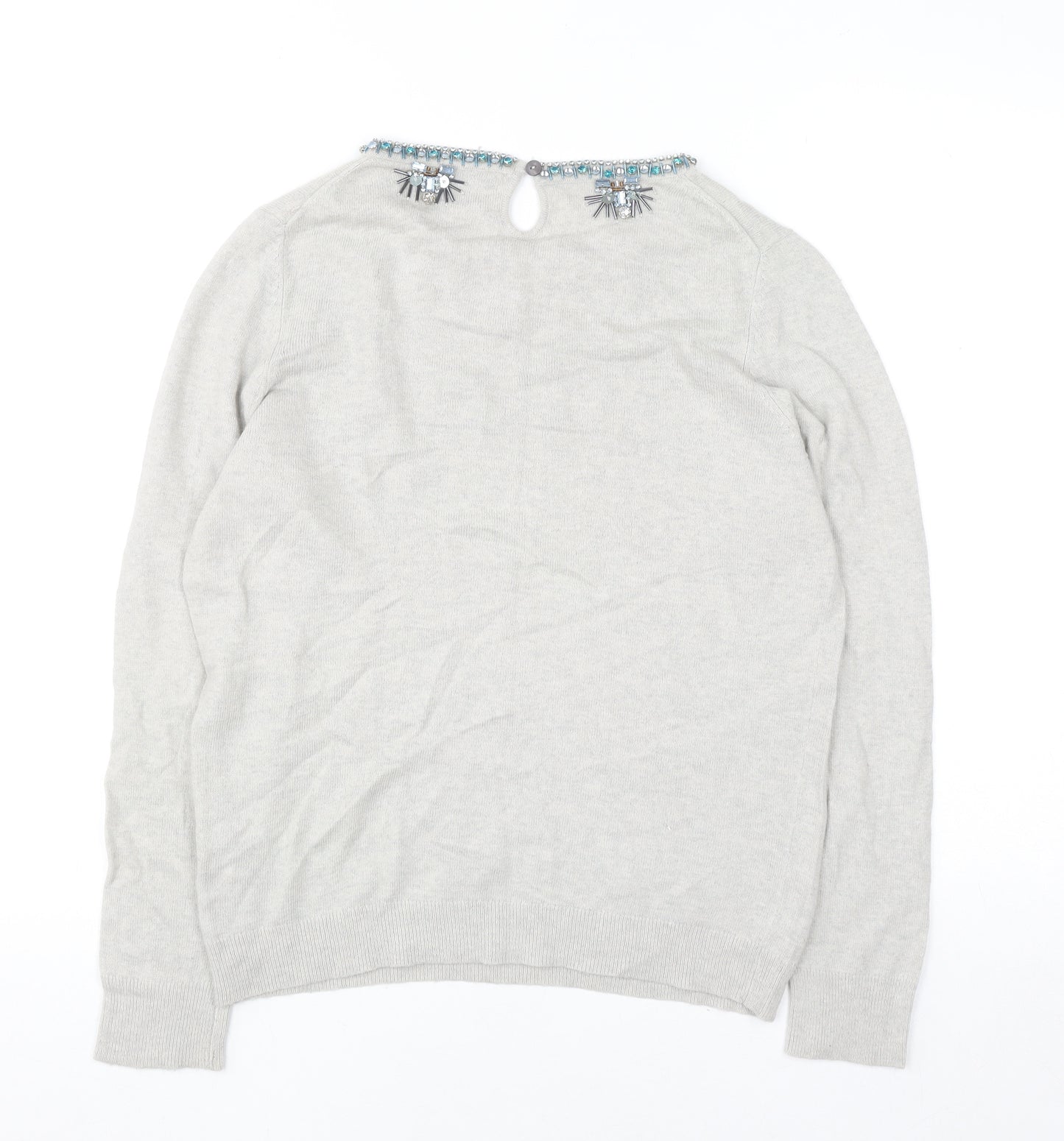Havren Women's Grey Beaded Crew Neck Jumper Size 12