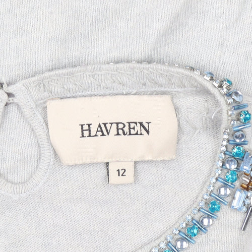 Havren Women's Grey Beaded Crew Neck Jumper Size 12